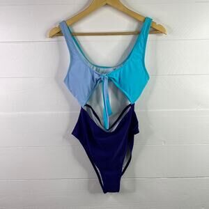 Dark Blue Light Blue‎ Keyhole Tie Front One Piece Swimming Suit Size Medium